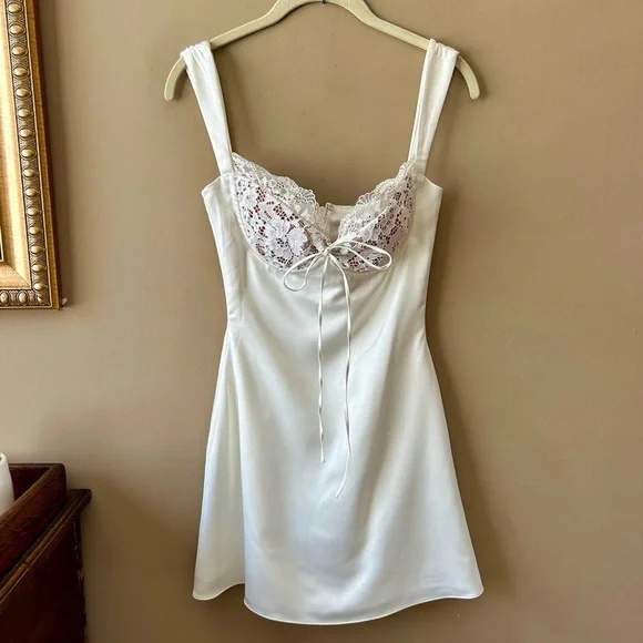 knee length dresses for ladies ADRIANA IVORY SATIN AND LACE MINI DRESS – Dress Rentals by Neish main image 0